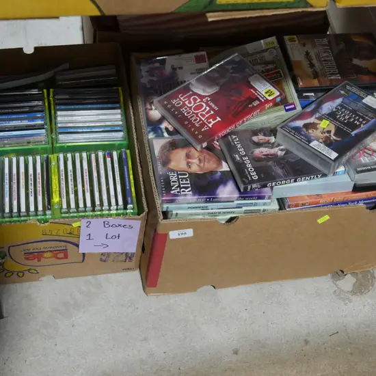 Two boxes of CDs, DVDs etc