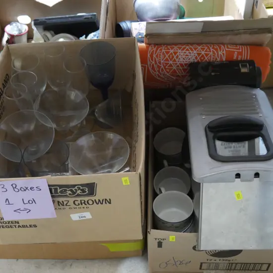 Three boxes of kitchenware