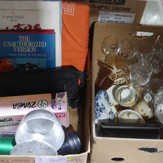 Two boxes of china, books etc