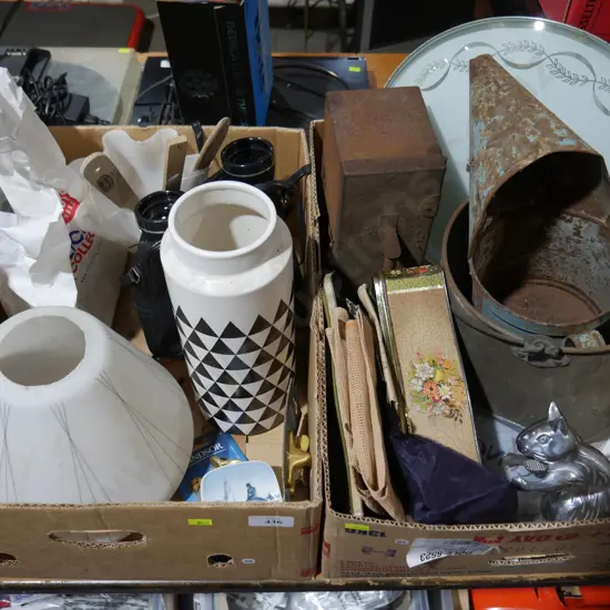 Two boxes of vases, oil can etc