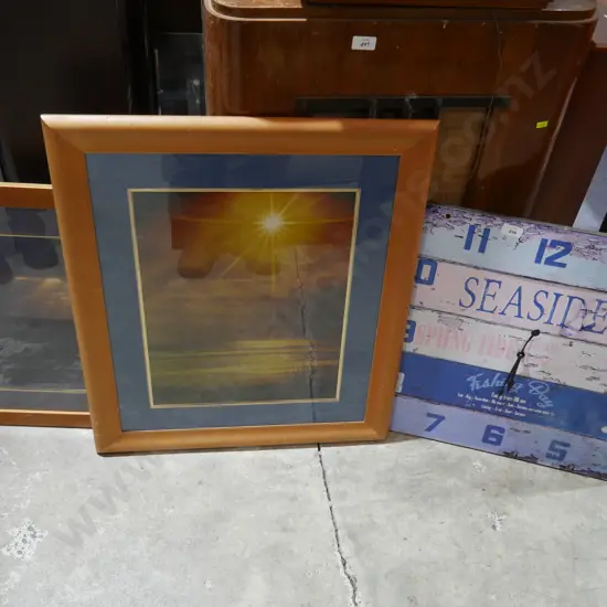 2 framed sunset pictures Woodend beach , clock