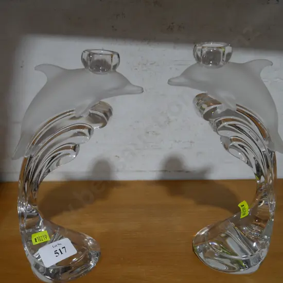 2 glass dolphin candlestick holders