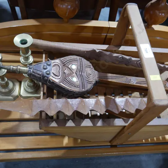 Wooden basket, bellows, candle sticks etc