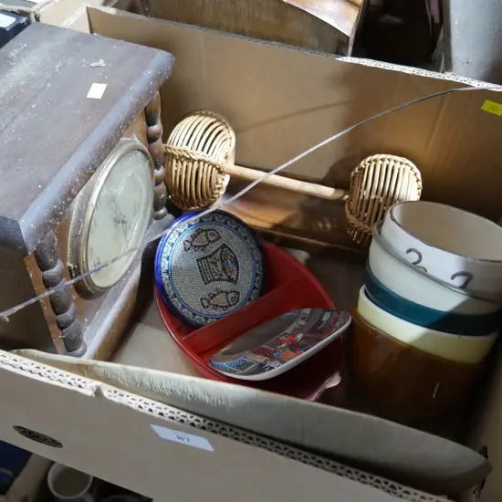 Clock, tiles, bowls etc