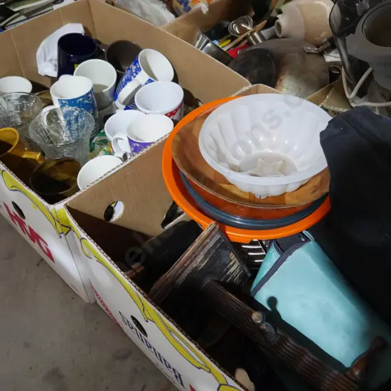 2 boxes mugs, bowls, bags etc