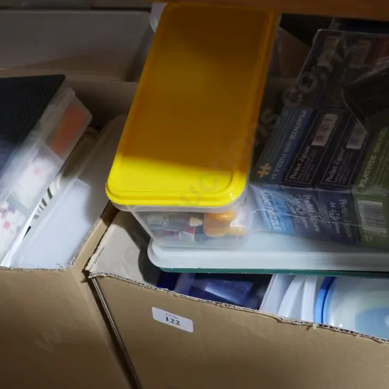 3 boxes plastic storage containers, glasses etc