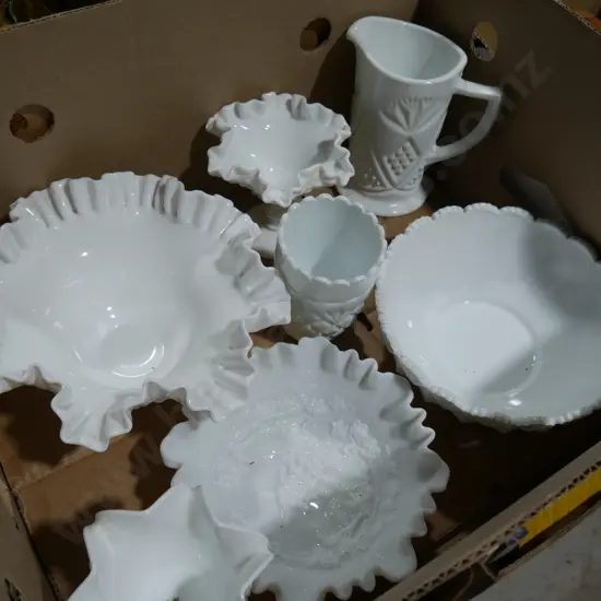 Milk glass dishes, vases etc