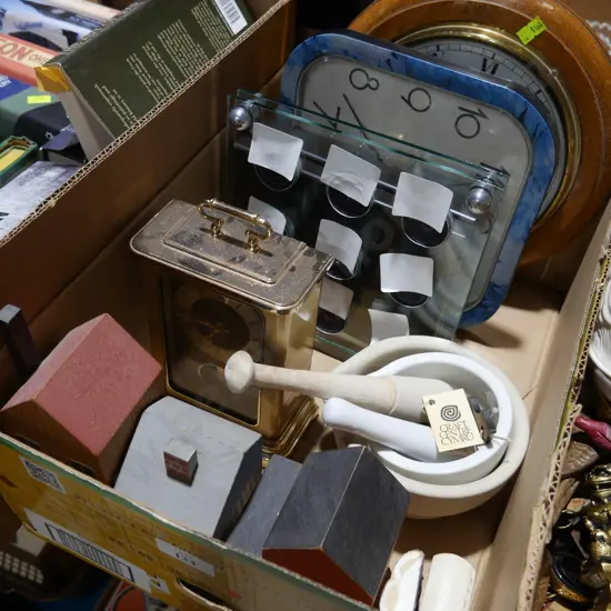 2 mortar and pestle, clocks etc