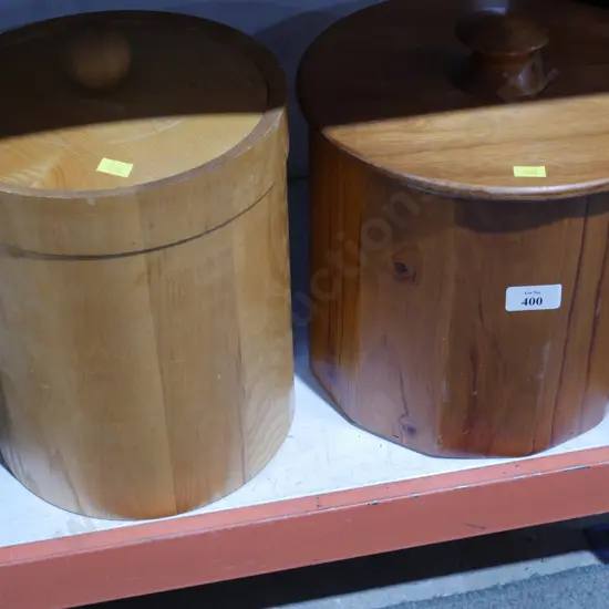 2 wooden lidded storage pots