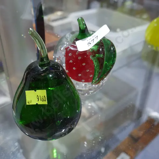 2 glass fruit paperweights