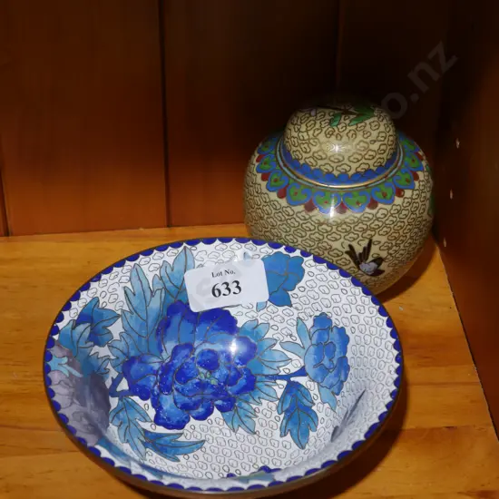 Cloisonne lidded jar and bowl