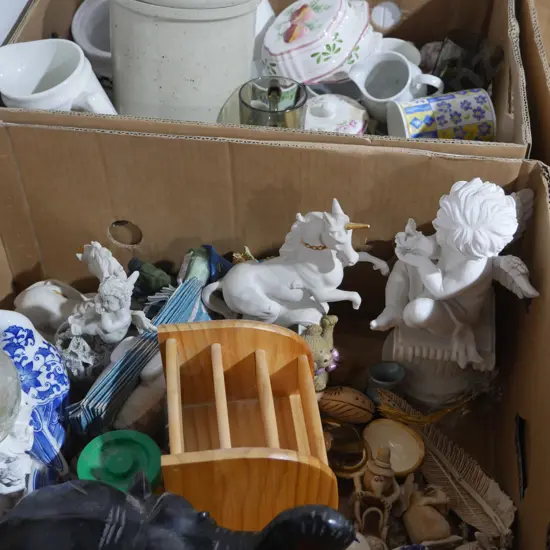 2 boxes ornaments, mugs etc