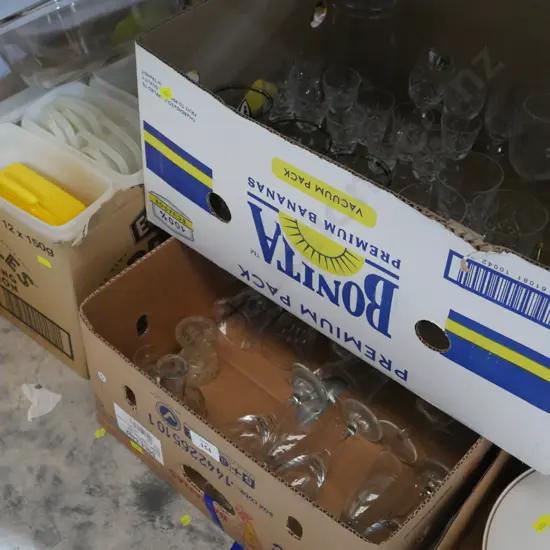 Glasses, Tupperware, 3 boxes