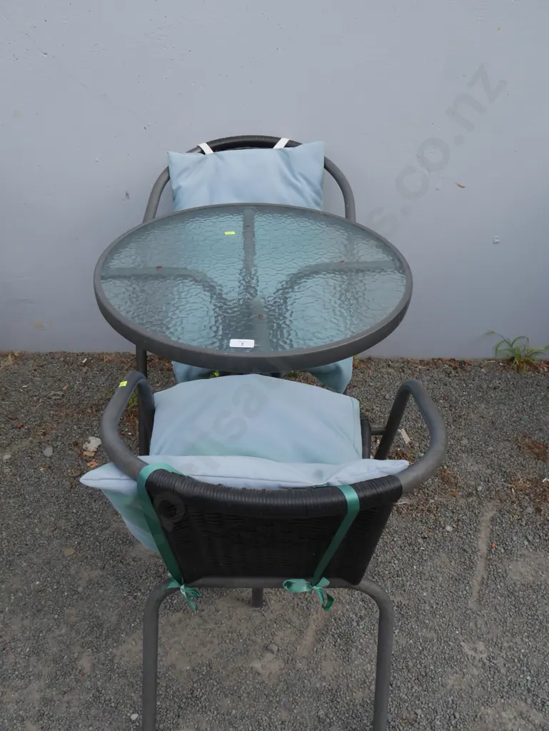 Glass top outdoor table and two chairs Image 1++