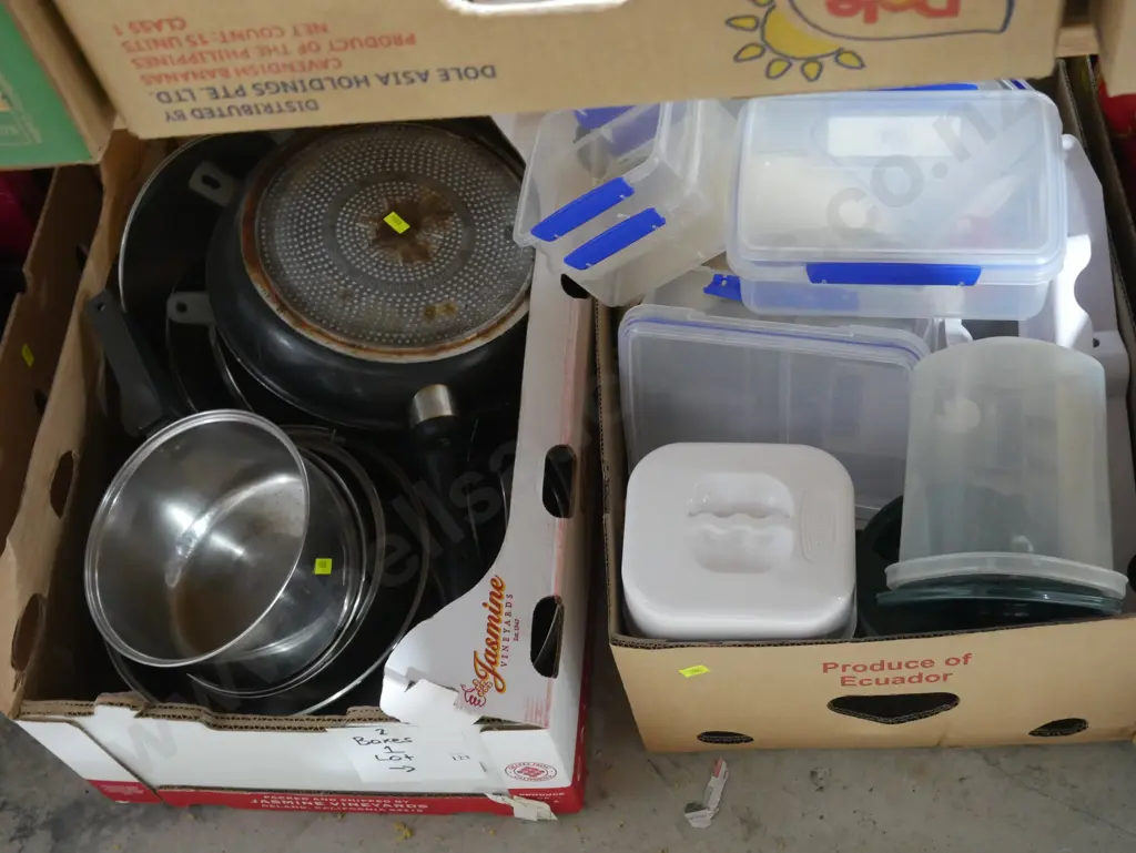 Two boxes of pots and storage containers Image 1++