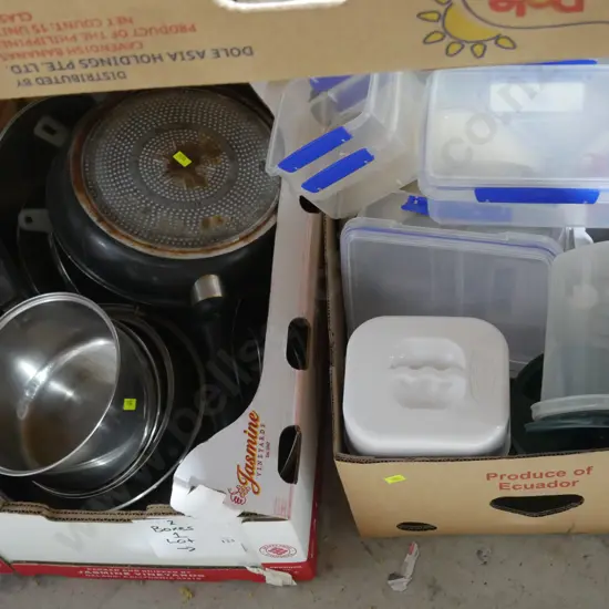 Two boxes of pots and storage containers