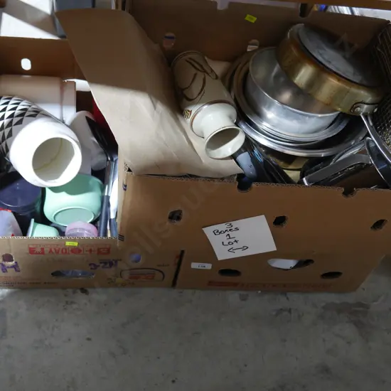 Three boxes of kitchenware etc