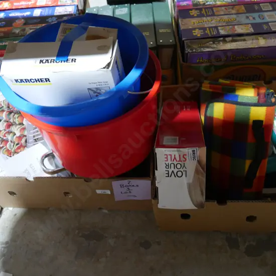 2 boxes buckets, picnic rug etc