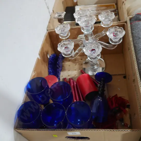 Candelabra, blue glassware