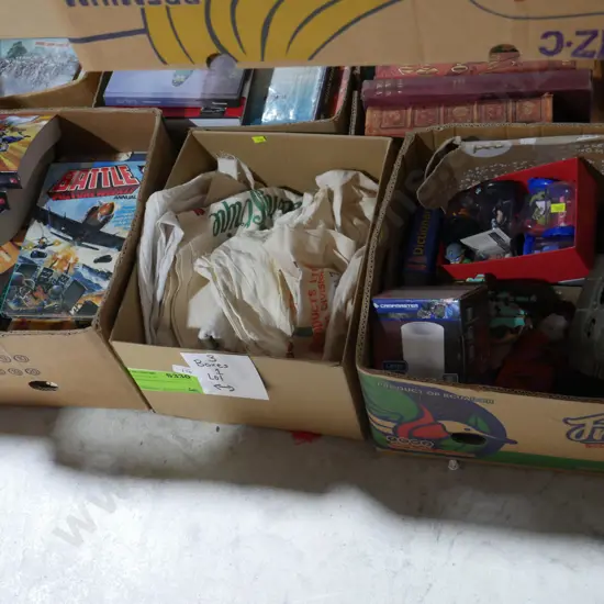 Three boxes books, linen, toys