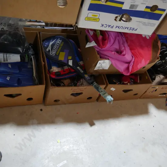 5 boxes helmets, glasses, shoes etc