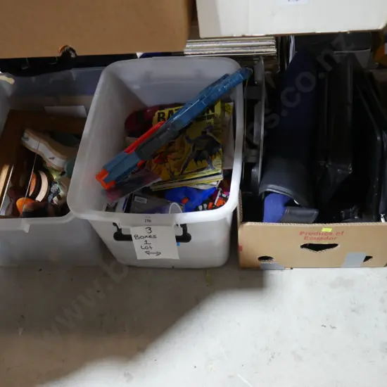 3 boxes woodware, toys, car seat covers etc