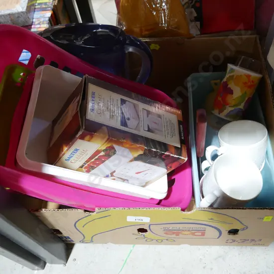 Cups, Salter kitchen scale etc