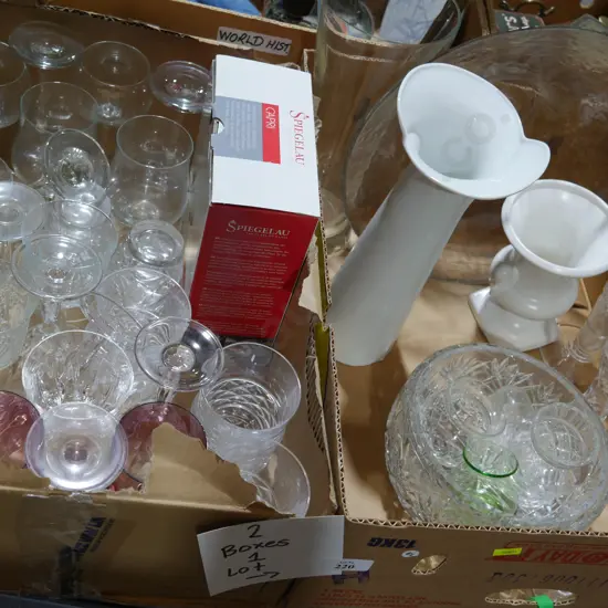 Two boxes of glassware etc