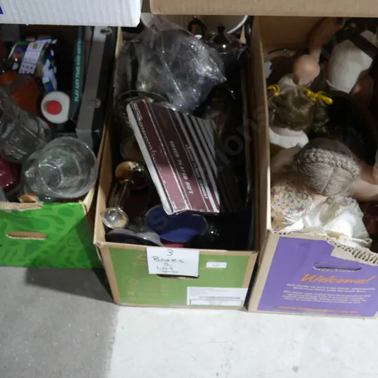Three boxes of dolls, ep ware etc