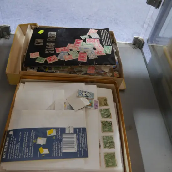 2 boxes assorted stamps, stamp album