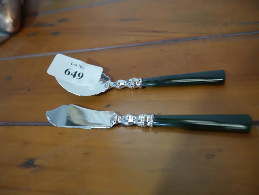 Sterling silver and greenstone butter knife and spoon etched NZ Image 1++