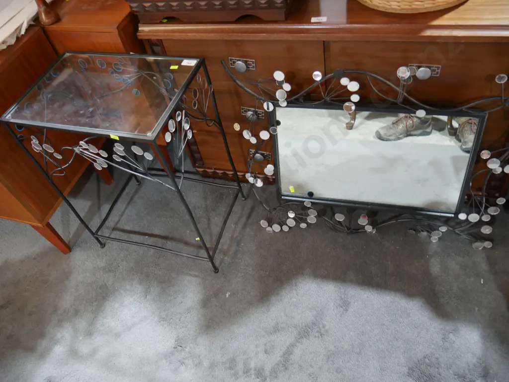 Glass top side table with metal base, and matching mirror Image 1++