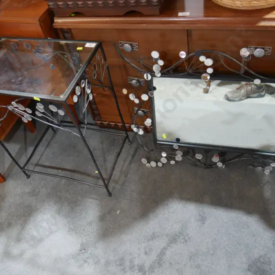 Glass top side table with metal base, and matching mirror
