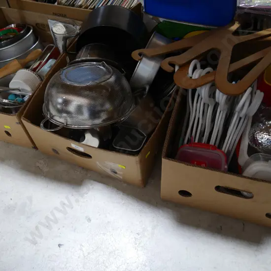 3 boxes, Kitchenware, coat hangers etc