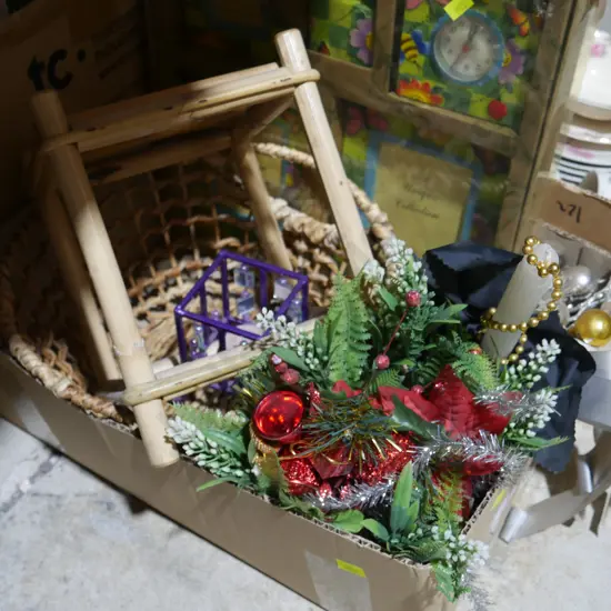 Xmas decorations, cane basket etc