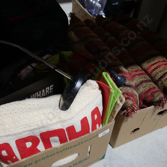 2 boxes, Backpack, table lamp, cushions, etc