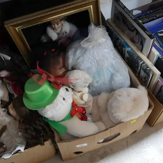 2 boxes, soft toys, dolls