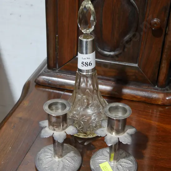 Sterling silver topped perfume bottle, pair candlesticks