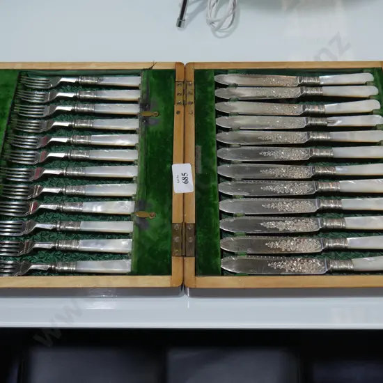 Cased mother of pearl knives and forks