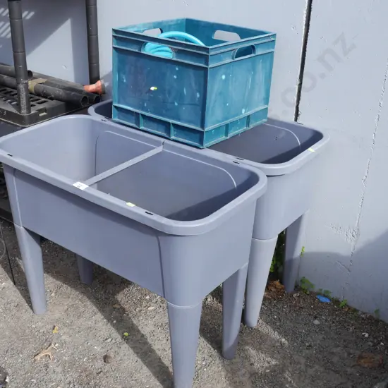 2 raised garden beds, garden hose