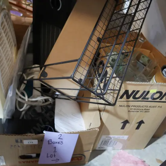 2 boxes of china, heaters etc