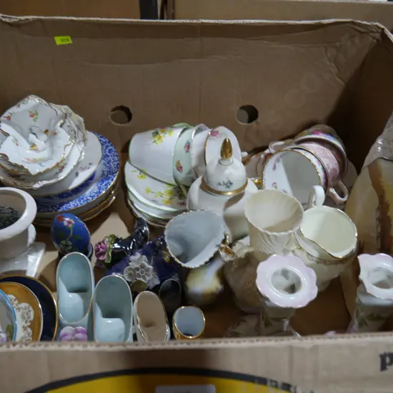 Box of China, porcelain shoes etc