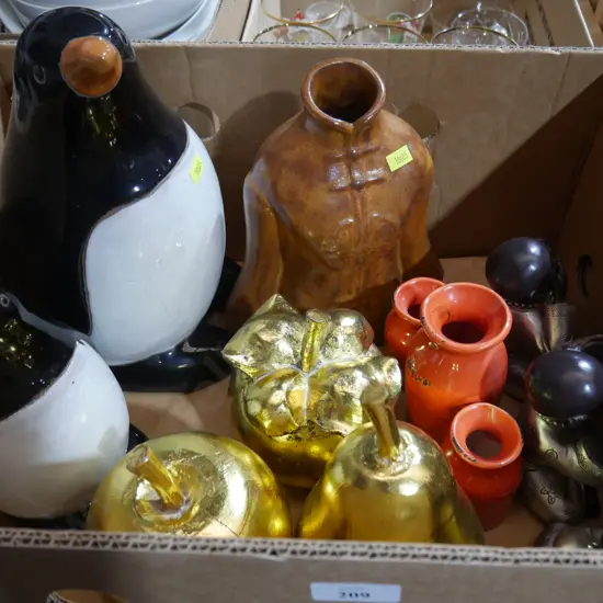 Penguin figurines, fruit ornaments etc
