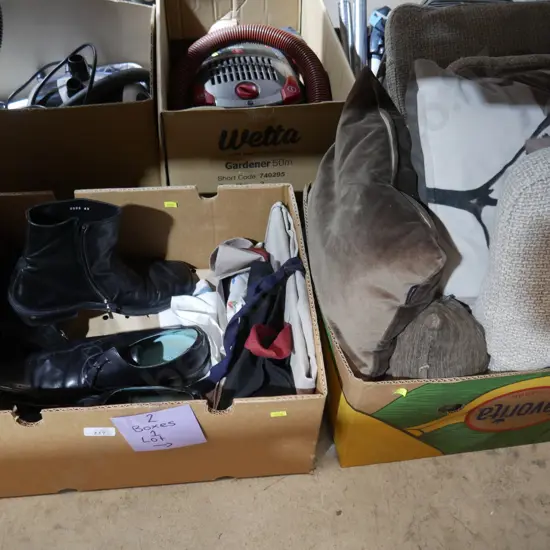 2 boxes cushions, shoes etc