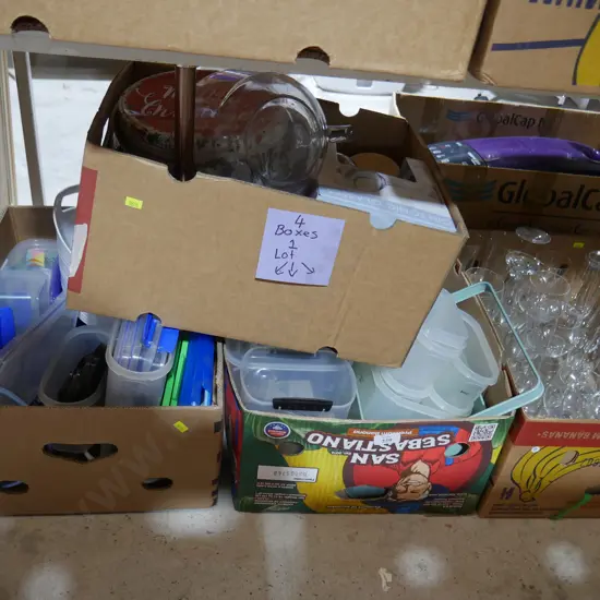 4 boxes glassware, plastic containers etc