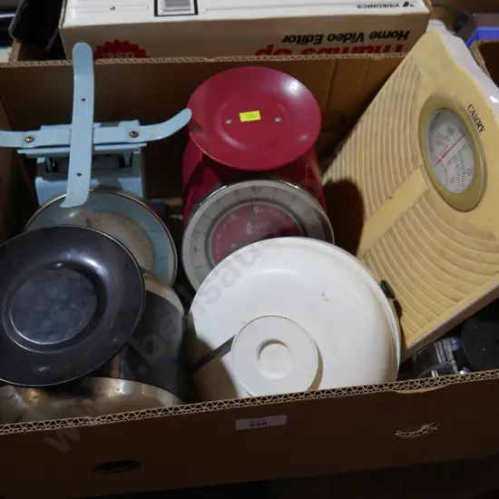 Box of old scales etc