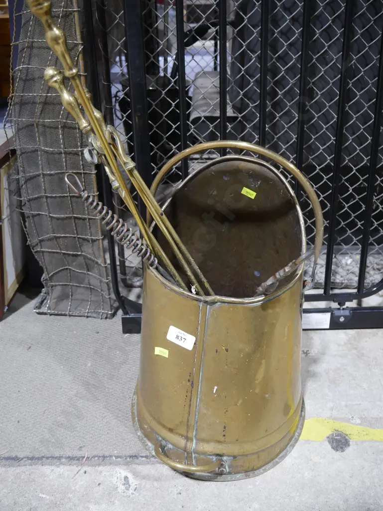 Vintage brass bucket with fire tools Image 1++