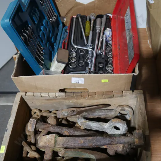 2 boxes socket sets, chains etc