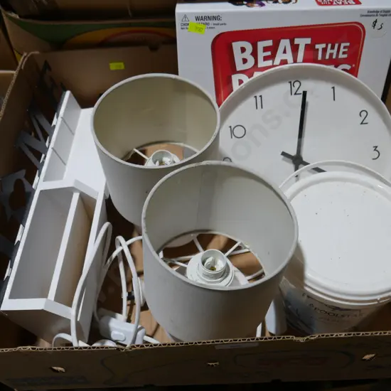 Pair of table lamps, clock, board game etc