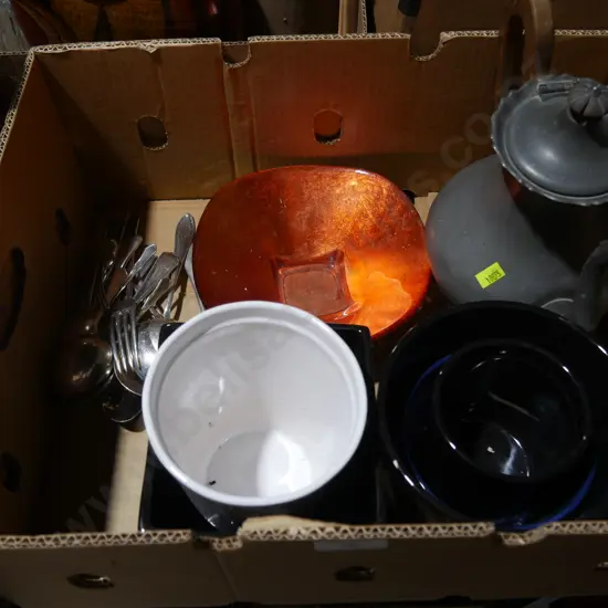 Pewter teapot, cutlery etc